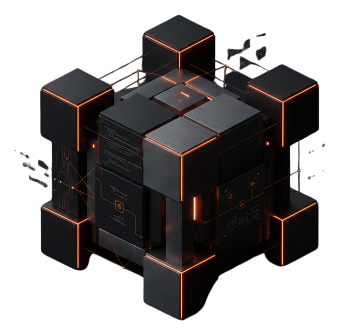 Isometric tech cube with glowing orange circuitry
