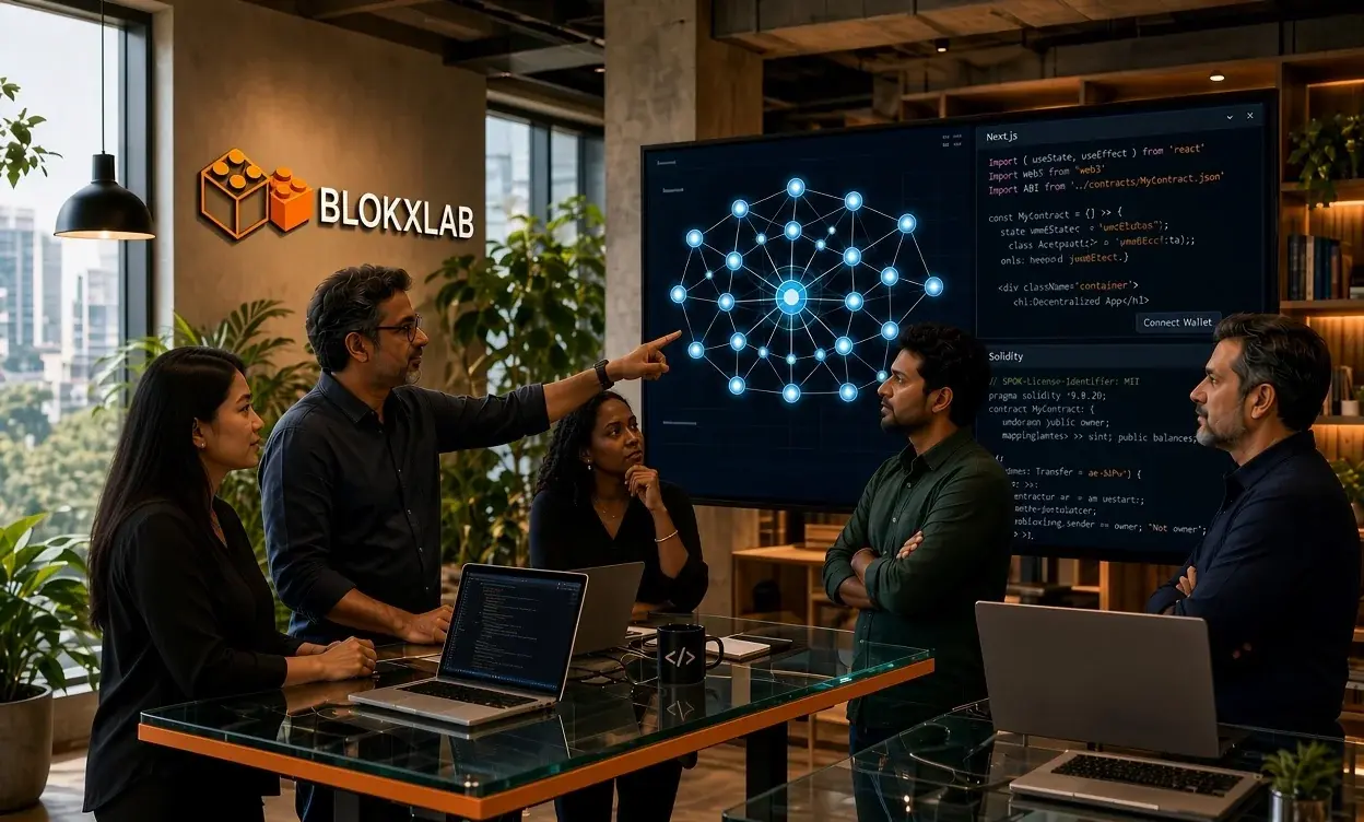 The Blokxlab team reviewing a decentralized network architecture together